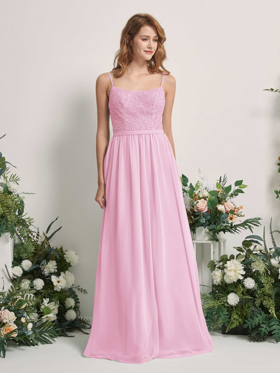 Carlyna A-Linien-Kleid U-Ausschnitt Bodenlang Chiffon Brautjungfernkleider Bonbonrosa 