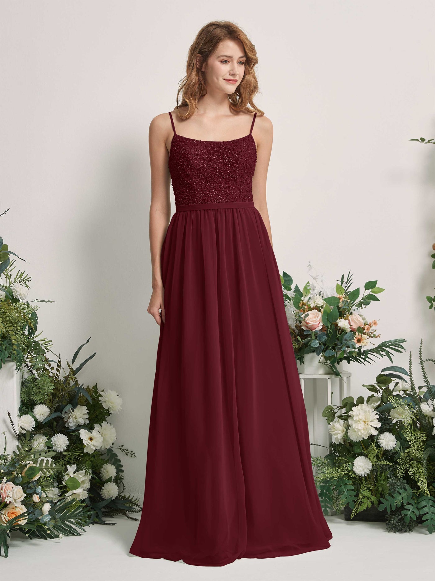 Carlyna A-Linien-Kleid U-Ausschnitt Bodenlang Chiffon Brautjungfernkleider Burgunderrot #farbe_burgunderrot