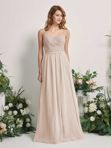 Carlyna A-Linien-Kleid U-Ausschnitt Bodenlang Chiffon Brautjungfernkleider Champagner #farbe_champagner