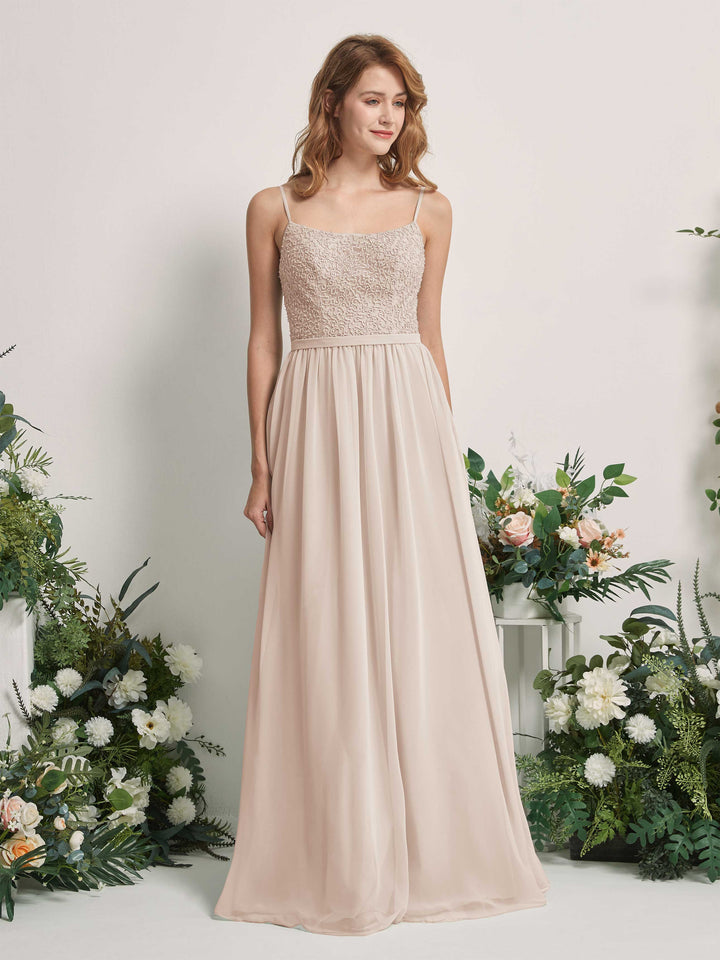 Carlyna A-Linien-Kleid U-Ausschnitt Bodenlang Chiffon Brautjungfernkleider Champagner 