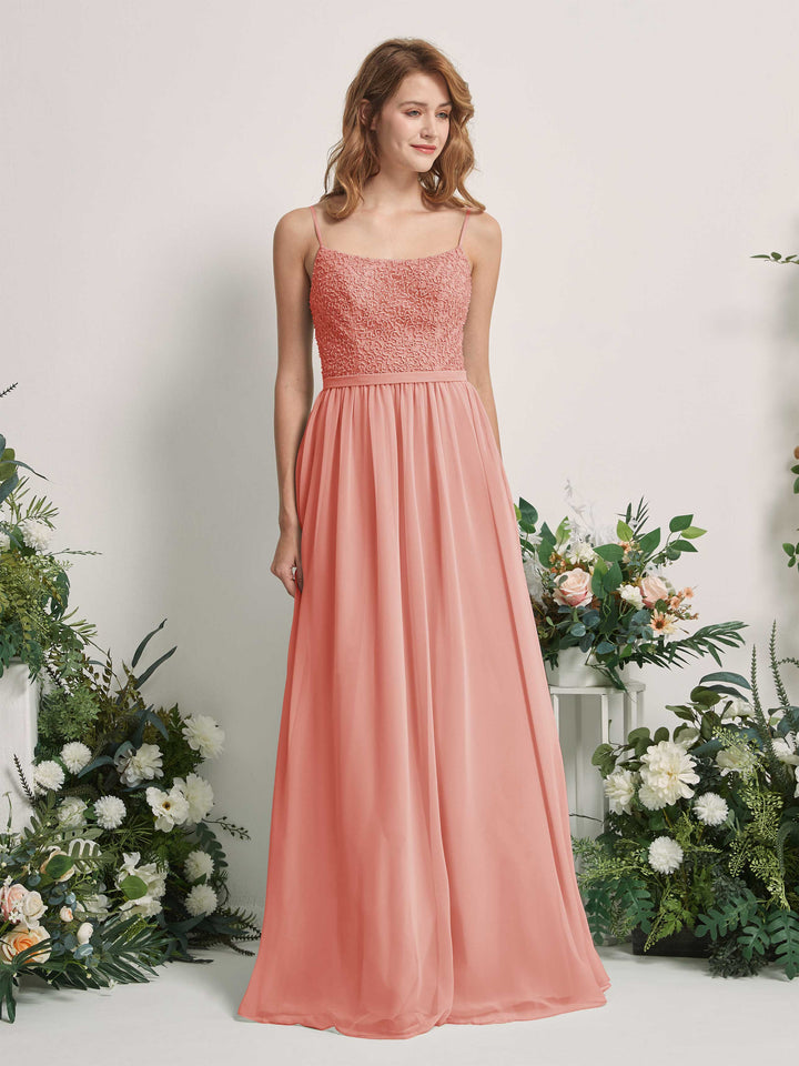 Carlyna A-Linien-Kleid U-Ausschnitt Bodenlang Chiffon Brautjungfernkleider Champagner-Rose 