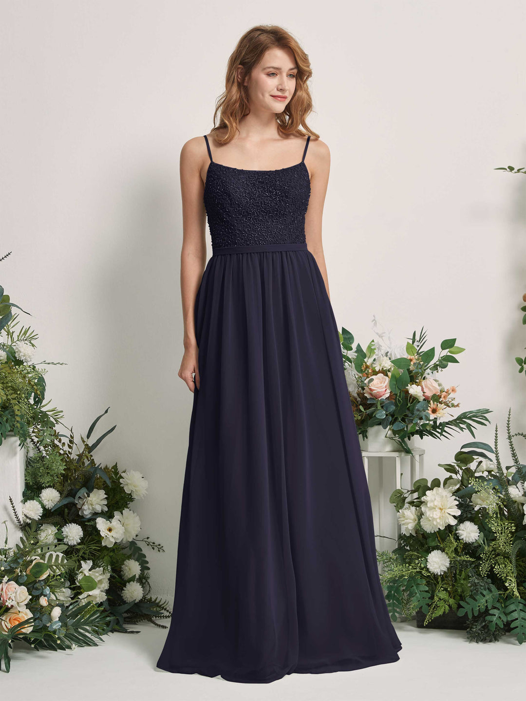 Carlyna A-Linien-Kleid U-Ausschnitt Bodenlang Chiffon Brautjungfernkleider Dunkel Marineblau 