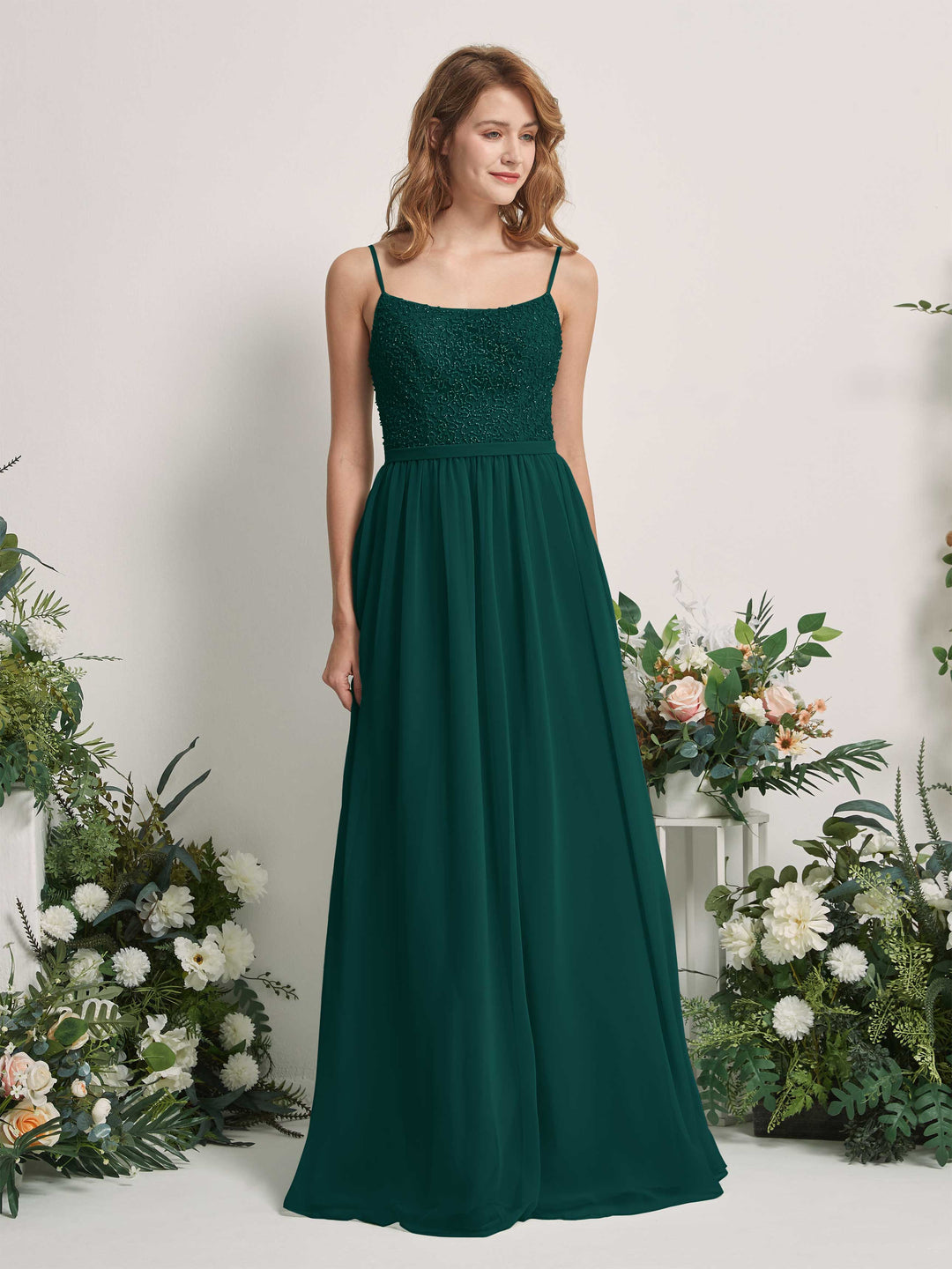 Carlyna A-Linien-Kleid U-Ausschnitt Bodenlang Chiffon Brautjungfernkleider Dunkelsmaragd 