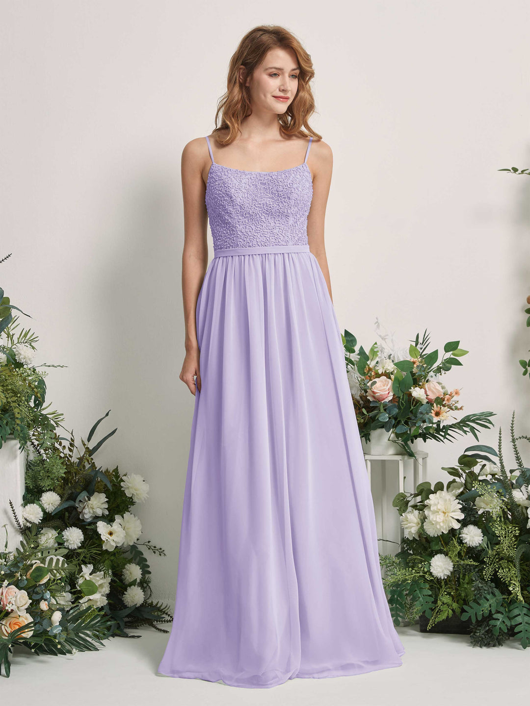 Carlyna A-Linien-Kleid U-Ausschnitt Bodenlang Chiffon Brautjungfernkleider Flieder 