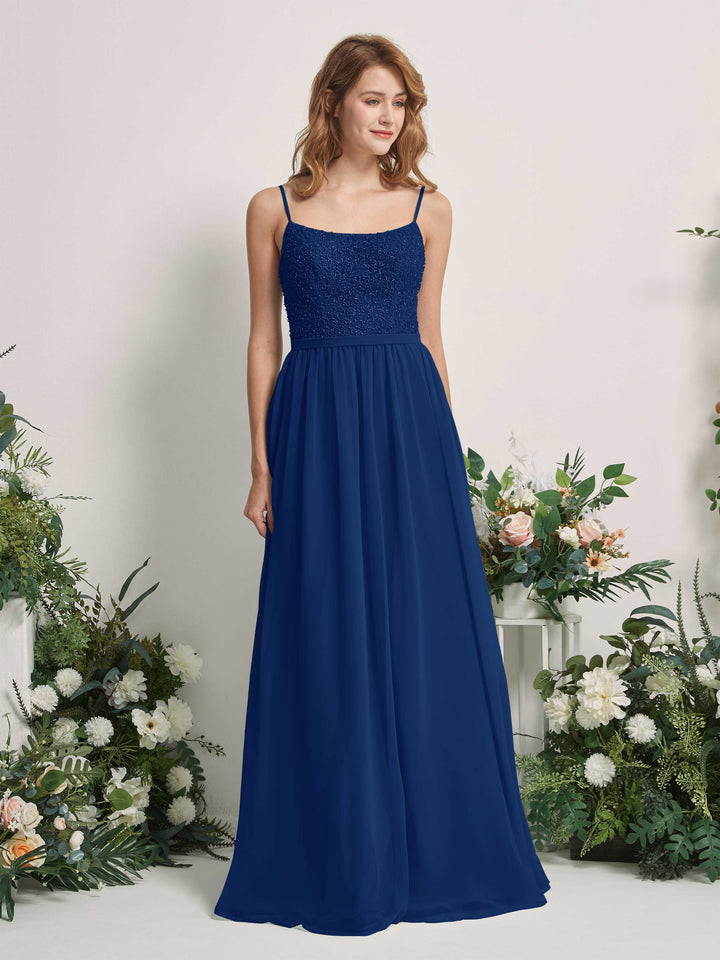 Carlyna A-Linien-Kleid U-Ausschnitt Bodenlang Chiffon Brautjungfernkleider Königsblau 