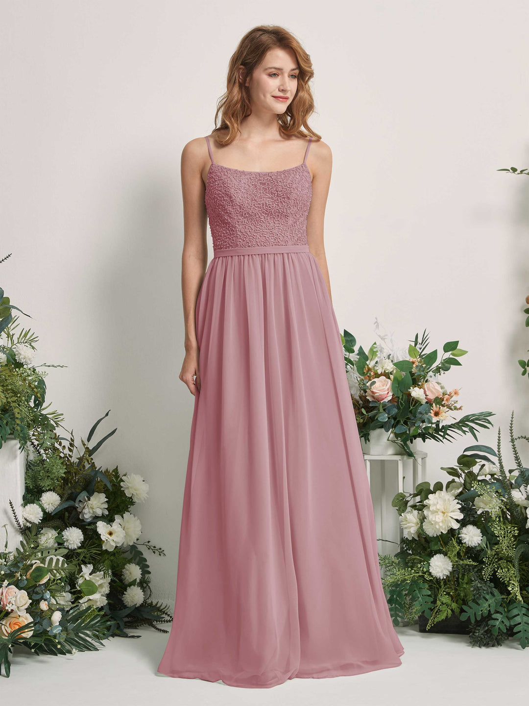 Carlyna A-Linien-Kleid U-Ausschnitt Bodenlang Chiffon Brautjungfernkleider Klassisch Mauve 