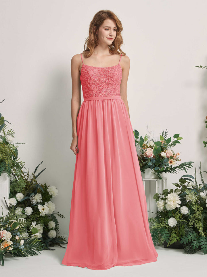 Carlyna A-Linien-Kleid U-Ausschnitt Bodenlang Chiffon Brautjungfernkleider Korallenrosa 