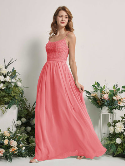 Carlyna A-Linien-Kleid U-Ausschnitt Bodenlang Chiffon Brautjungfernkleider Korallenrosa #farbe_korallenrosa