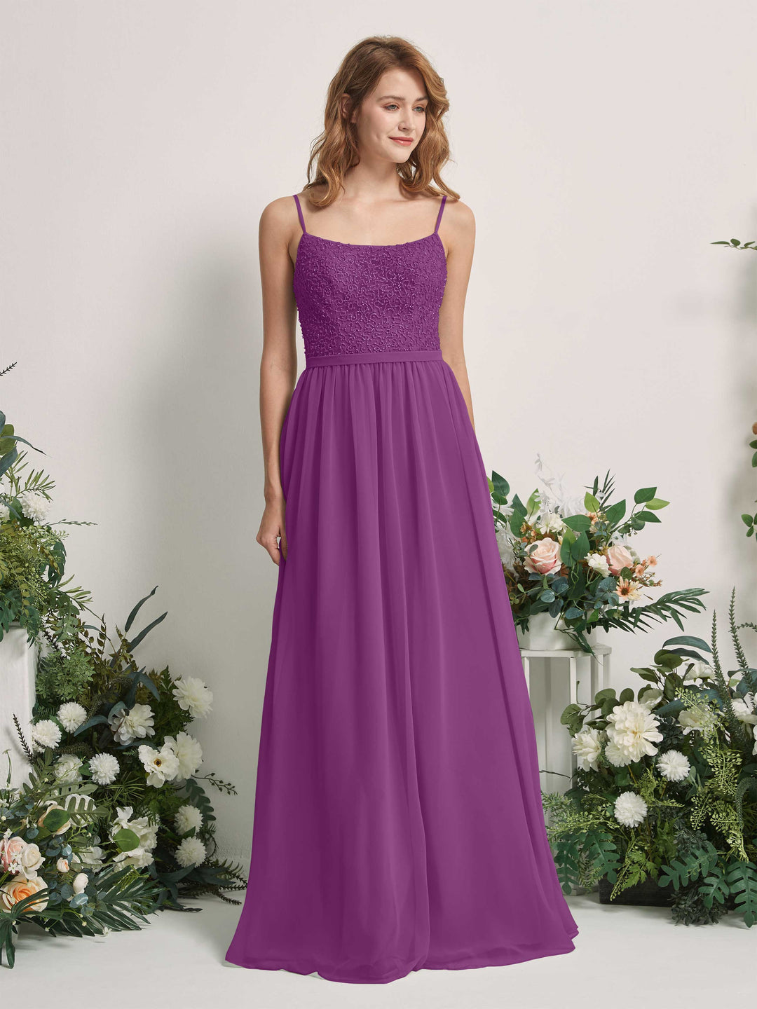 Carlyna A-Linien-Kleid U-Ausschnitt Bodenlang Chiffon Brautjungfernkleider Lila 