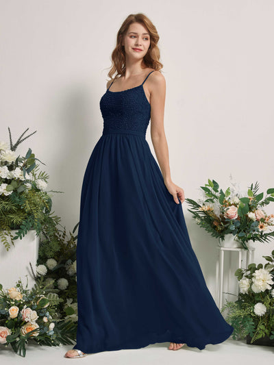 Carlyna A-Linien-Kleid U-Ausschnitt Bodenlang Chiffon Brautjungfernkleider Marineblau #farbe_marineblau