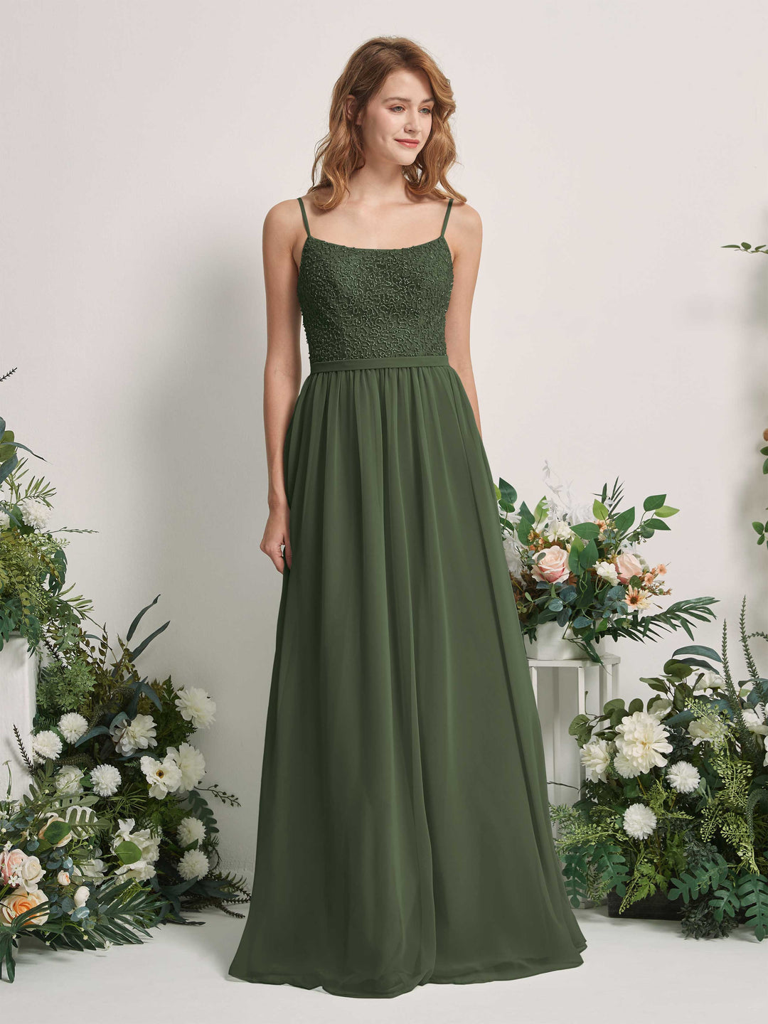 Carlyna A-Linien-Kleid U-Ausschnitt Bodenlang Chiffon Brautjungfernkleider Martini-Olive 