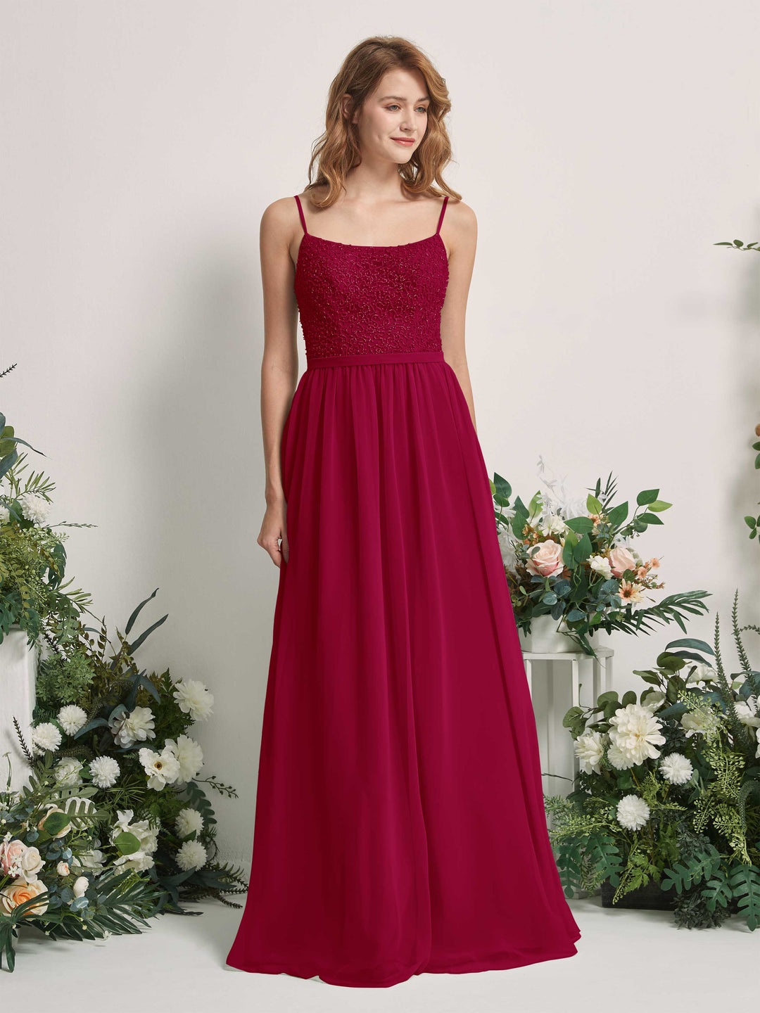 Carlyna A-Linien-Kleid U-Ausschnitt Bodenlang Chiffon Brautjungfernkleider Narrenrot 