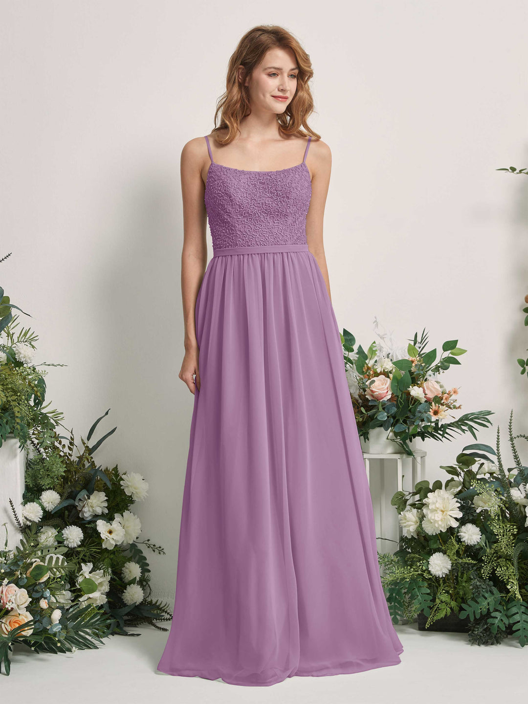 Carlyna A-Linien-Kleid U-Ausschnitt Bodenlang Chiffon Brautjungfernkleider Orchideen-Nebel 