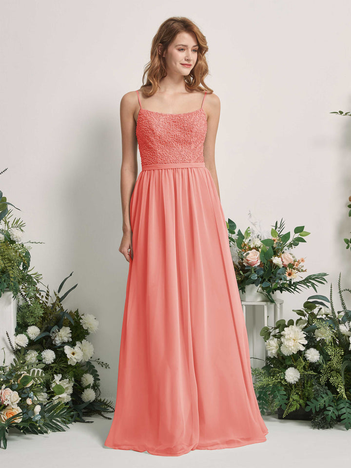 Carlyna A-Linien-Kleid U-Ausschnitt Bodenlang Chiffon Brautjungfernkleider Pfirsichrosa 