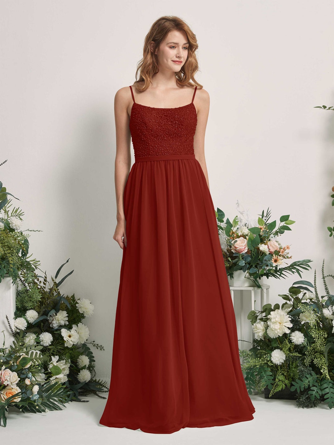 Carlyna A-Linien-Kleid U-Ausschnitt Bodenlang Chiffon Brautjungfernkleider Rostrot 