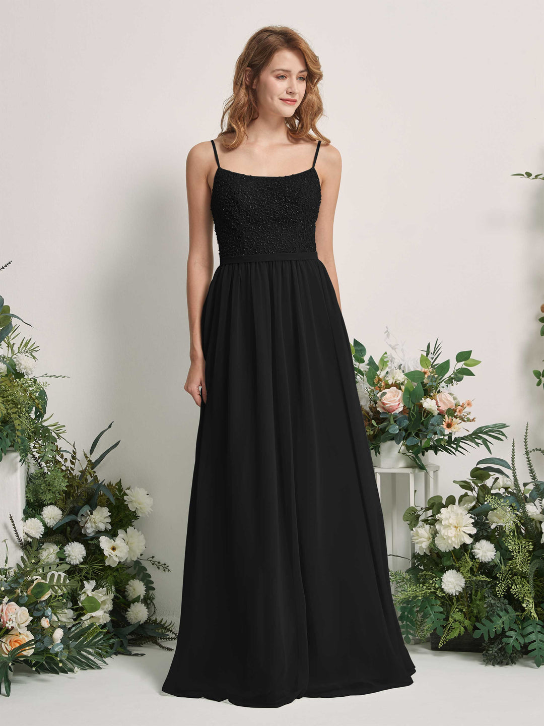 Carlyna A-Linien-Kleid U-Ausschnitt Bodenlang Chiffon Brautjungfernkleider Schwarz 