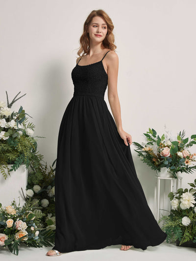 Carlyna A-Linien-Kleid U-Ausschnitt Bodenlang Chiffon Brautjungfernkleider Schwarz #farbe_schwarz