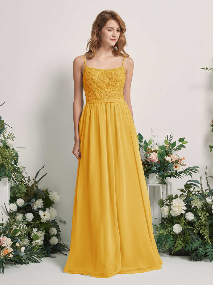 Carlyna A-Linien-Kleid U-Ausschnitt Bodenlang Chiffon Brautjungfernkleider Senfgelb 