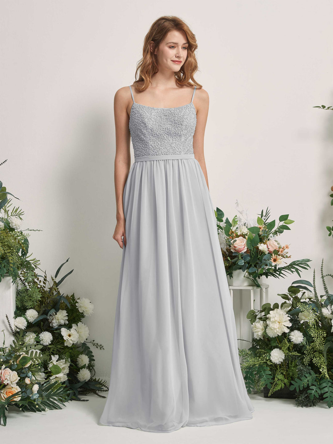 Carlyna A-Linien-Kleid U-Ausschnitt Bodenlang Chiffon Brautjungfernkleider Silber 