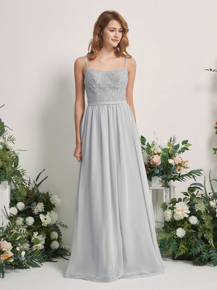 Carlyna A-Linien-Kleid U-Ausschnitt Bodenlang Chiffon Brautjungfernkleider Silber 