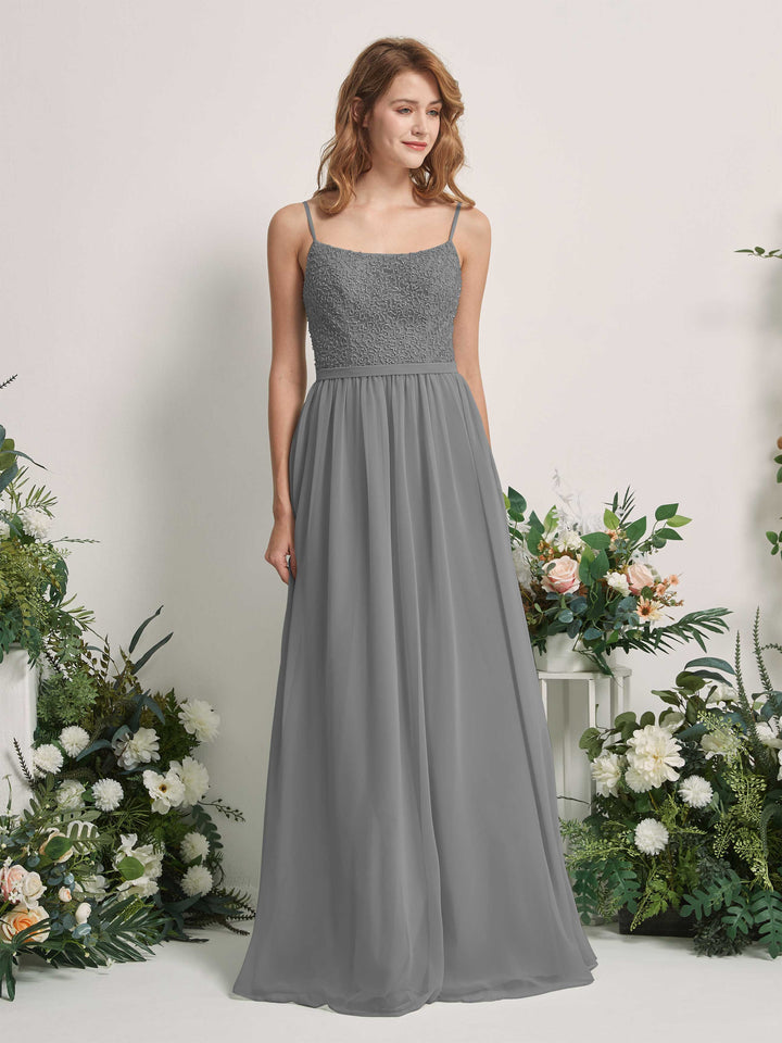 Carlyna A-Linien-Kleid U-Ausschnitt Bodenlang Chiffon Brautjungfernkleider Stahlgrau 