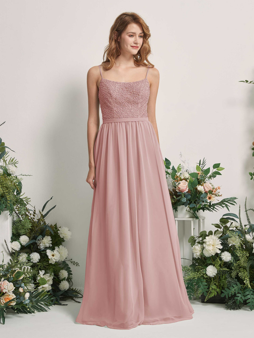 Carlyna A-Linien-Kleid U-Ausschnitt Bodenlang Chiffon Brautjungfernkleider Staubige Rose 