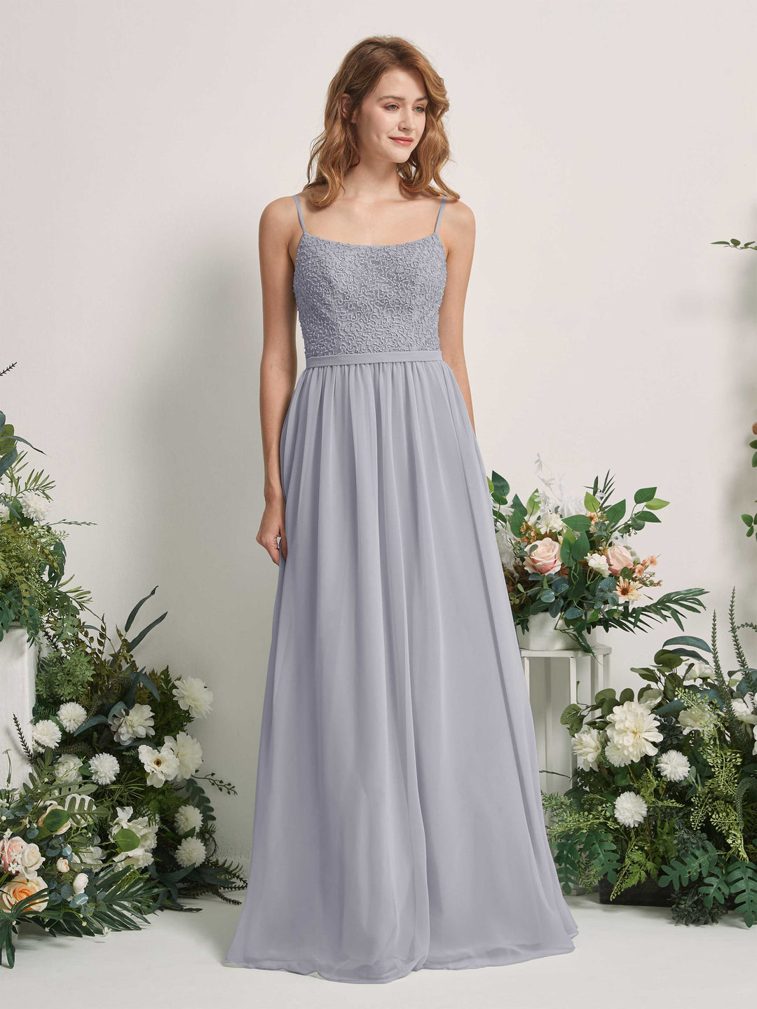 Carlyna A-Linien-Kleid U-Ausschnitt Bodenlang Chiffon Brautjungfernkleider Staubiger Lavendel 