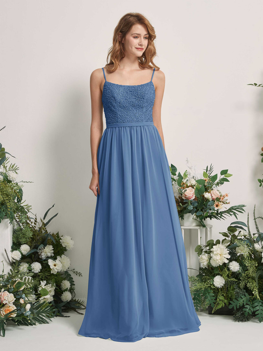 Carlyna A-Linien-Kleid U-Ausschnitt Bodenlang Chiffon Brautjungfernkleider Staubiges Blau 