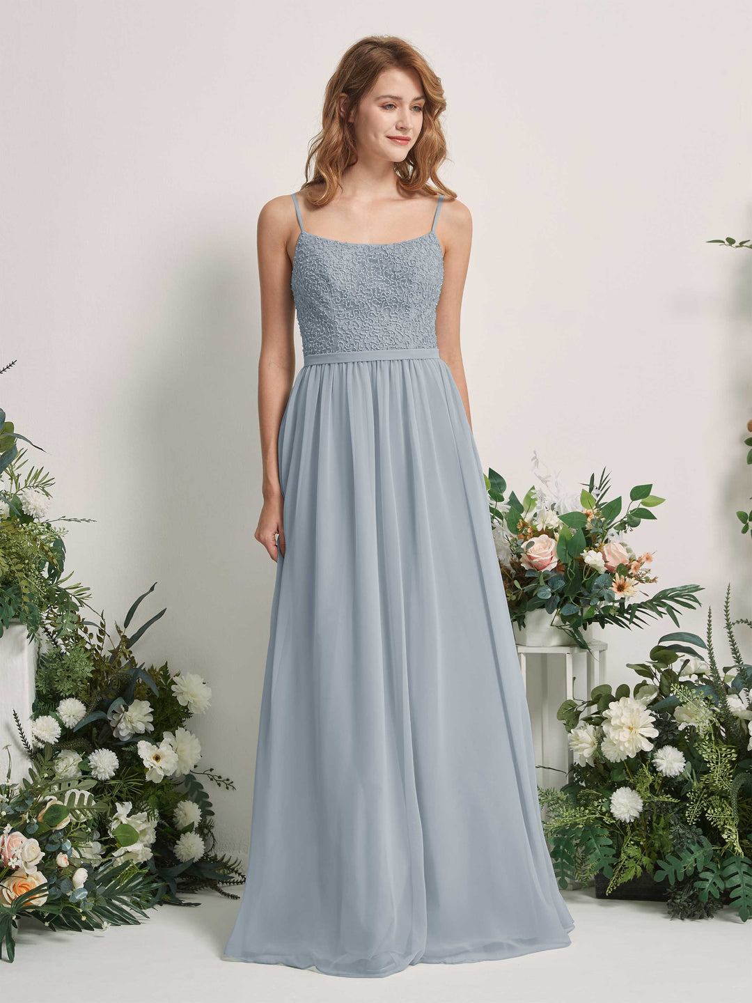 Carlyna A-Linien-Kleid U-Ausschnitt Bodenlang Chiffon Brautjungfernkleider Staubiges Blau-Upgrade 