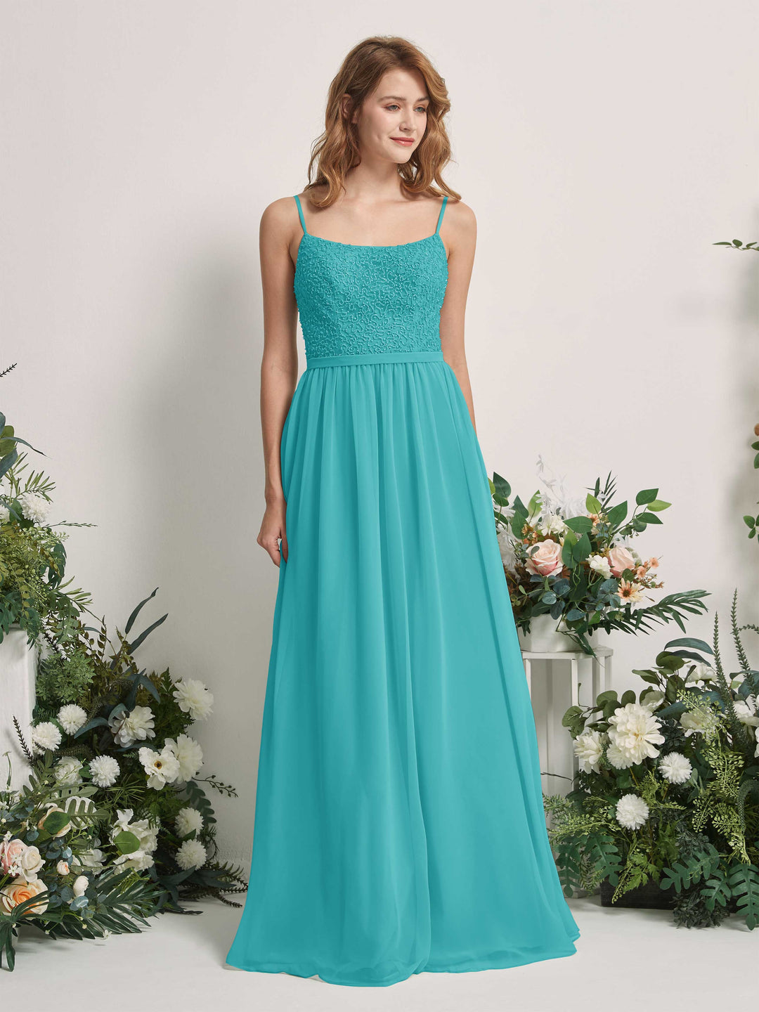 Carlyna A-Linien-Kleid U-Ausschnitt Bodenlang Chiffon Brautjungfernkleider Türkis 