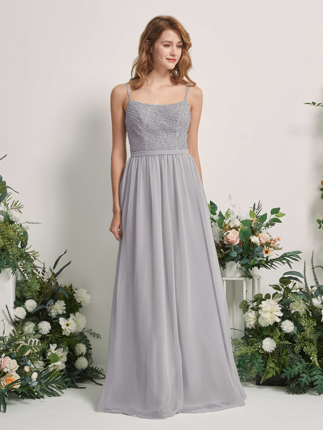 Carlyna A-Linien-Kleid U-Ausschnitt Bodenlang Chiffon Brautjungfernkleider Taube 