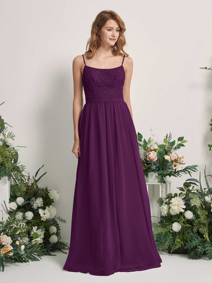 Carlyna A-Linien-Kleid U-Ausschnitt Bodenlang Chiffon Brautjungfernkleider Traube 