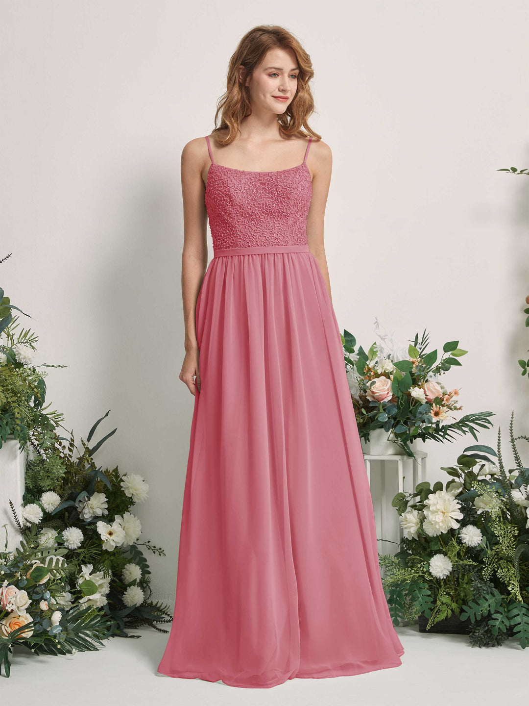 Carlyna A-Linien-Kleid U-Ausschnitt Bodenlang Chiffon Brautjungfernkleider Wüstenrose 