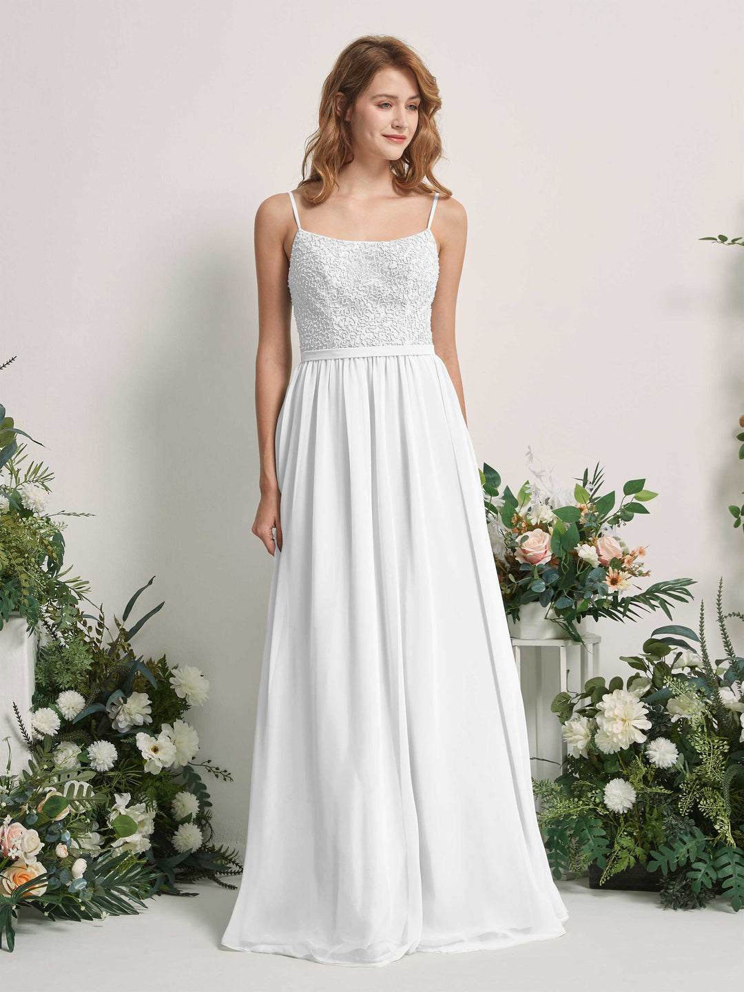 Carlyna A-Linien-Kleid U-Ausschnitt Bodenlang Chiffon Brautjungfernkleider Weiß 