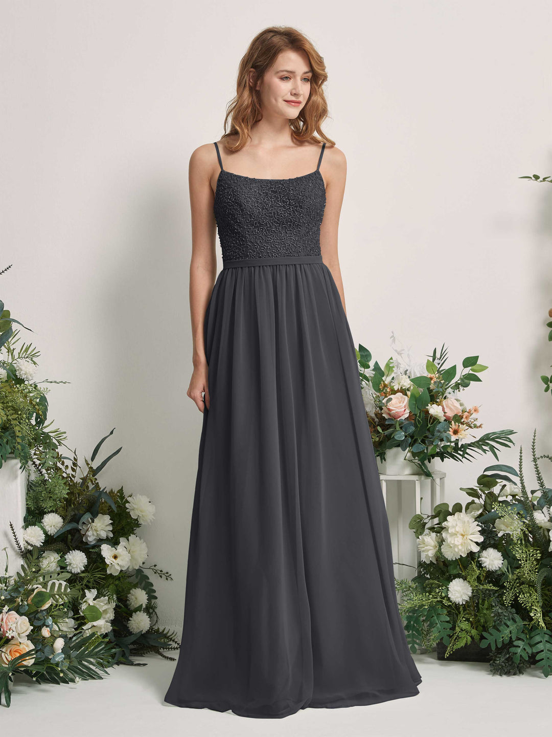 Carlyna A-Linien-Kleid U-Ausschnitt Bodenlang Chiffon Brautjungfernkleider Zinnfarben 