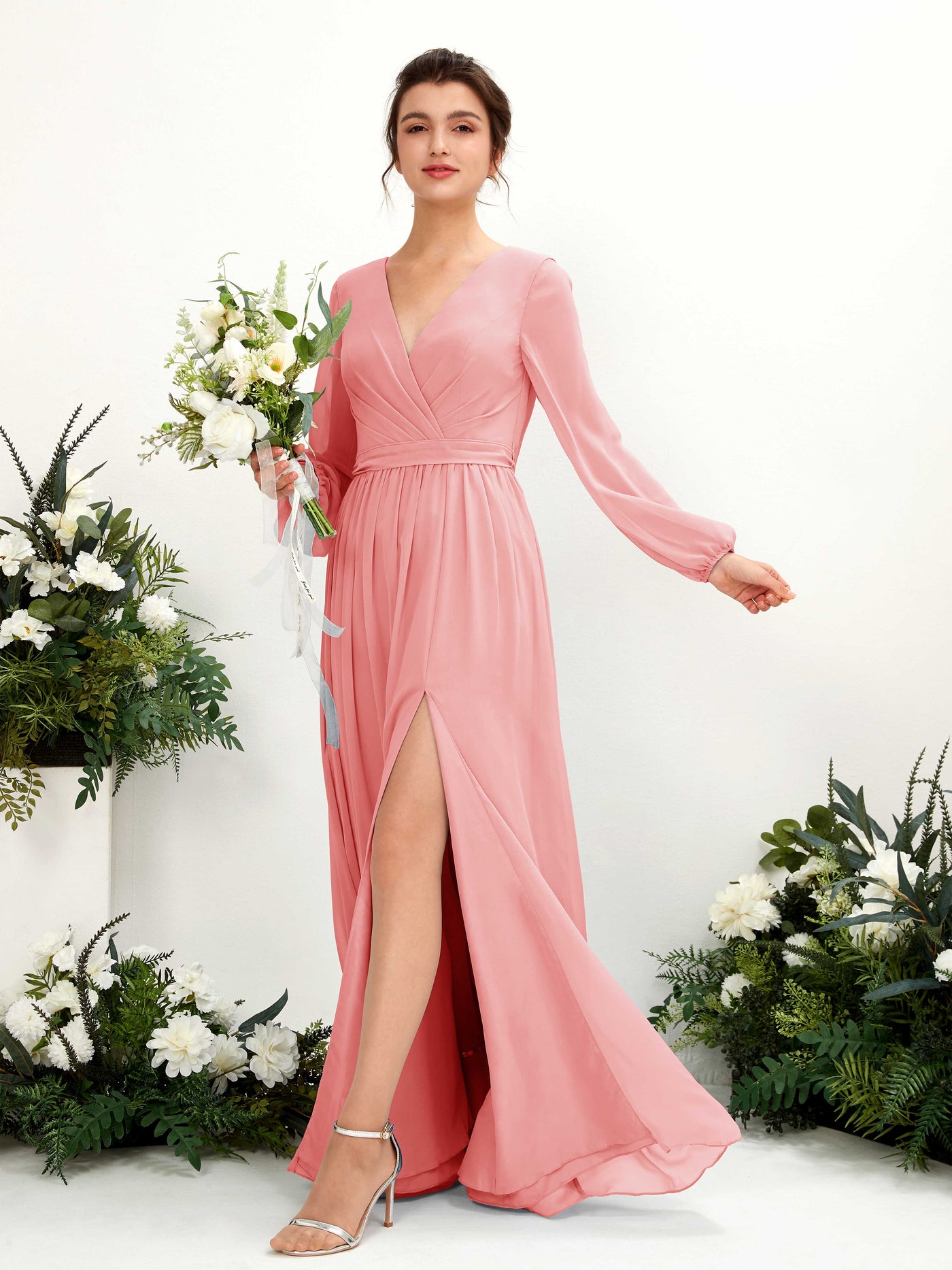 Carlyna A-Linien-Kleid V-Ausschnitt Beinschlitz Langarm Bodenlang Brautjungfernkleider Ballettrosa #farbe_ballettrosa