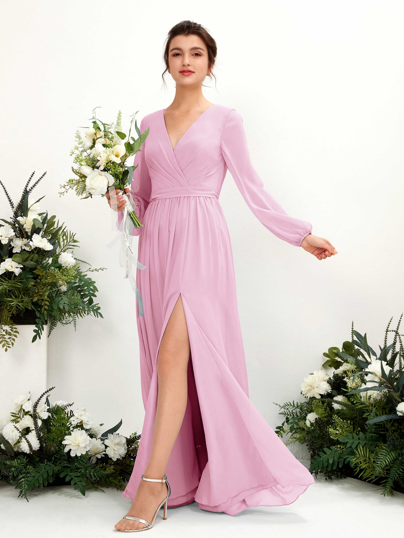 Carlyna A-Linien-Kleid V-Ausschnitt Beinschlitz Langarm Bodenlang Brautjungfernkleider Bonbonrosa #farbe_bonbonrosa