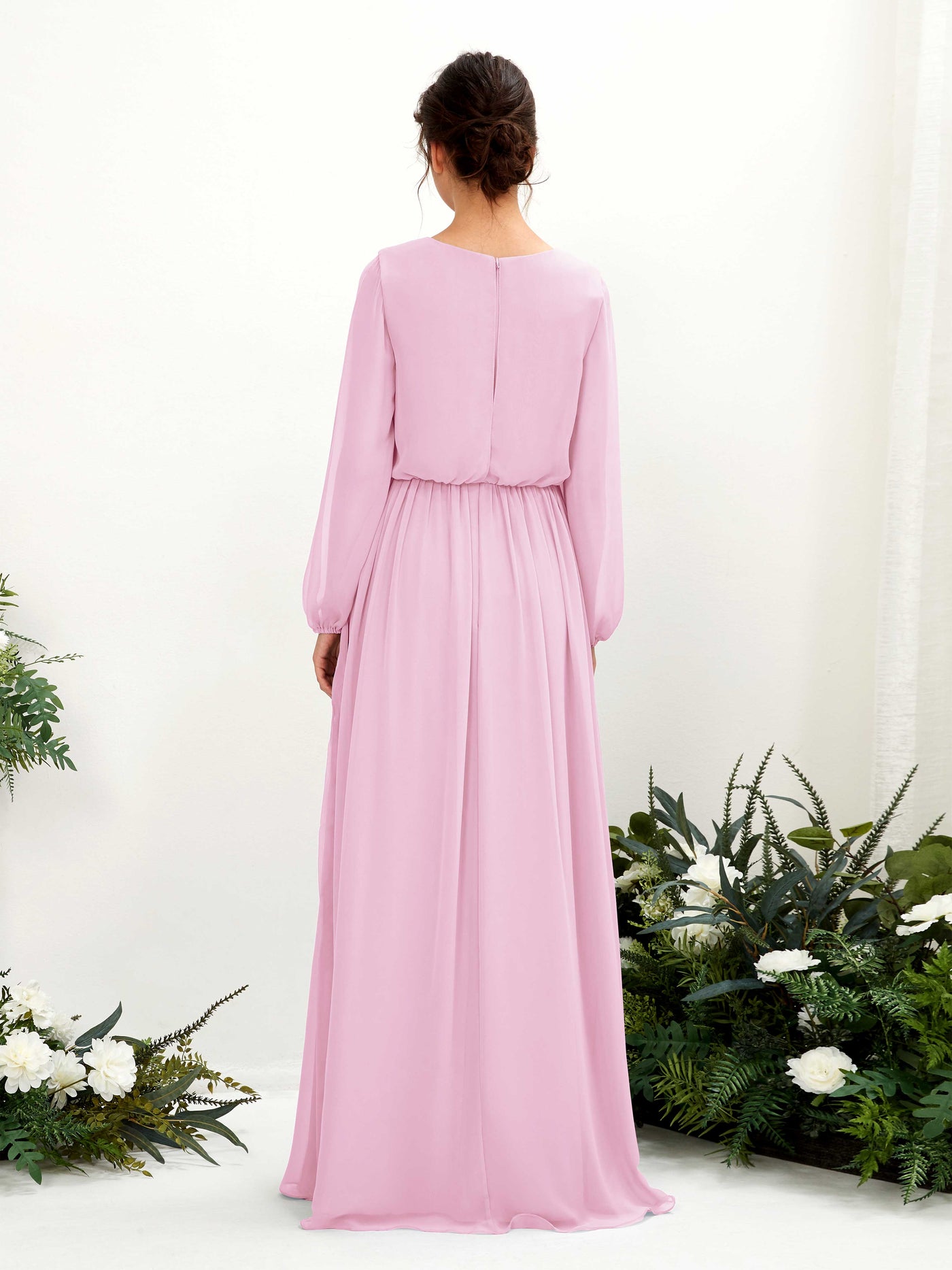 Carlyna A-Linien-Kleid V-Ausschnitt Beinschlitz Langarm Bodenlang Brautjungfernkleider Bonbonrosa #farbe_bonbonrosa