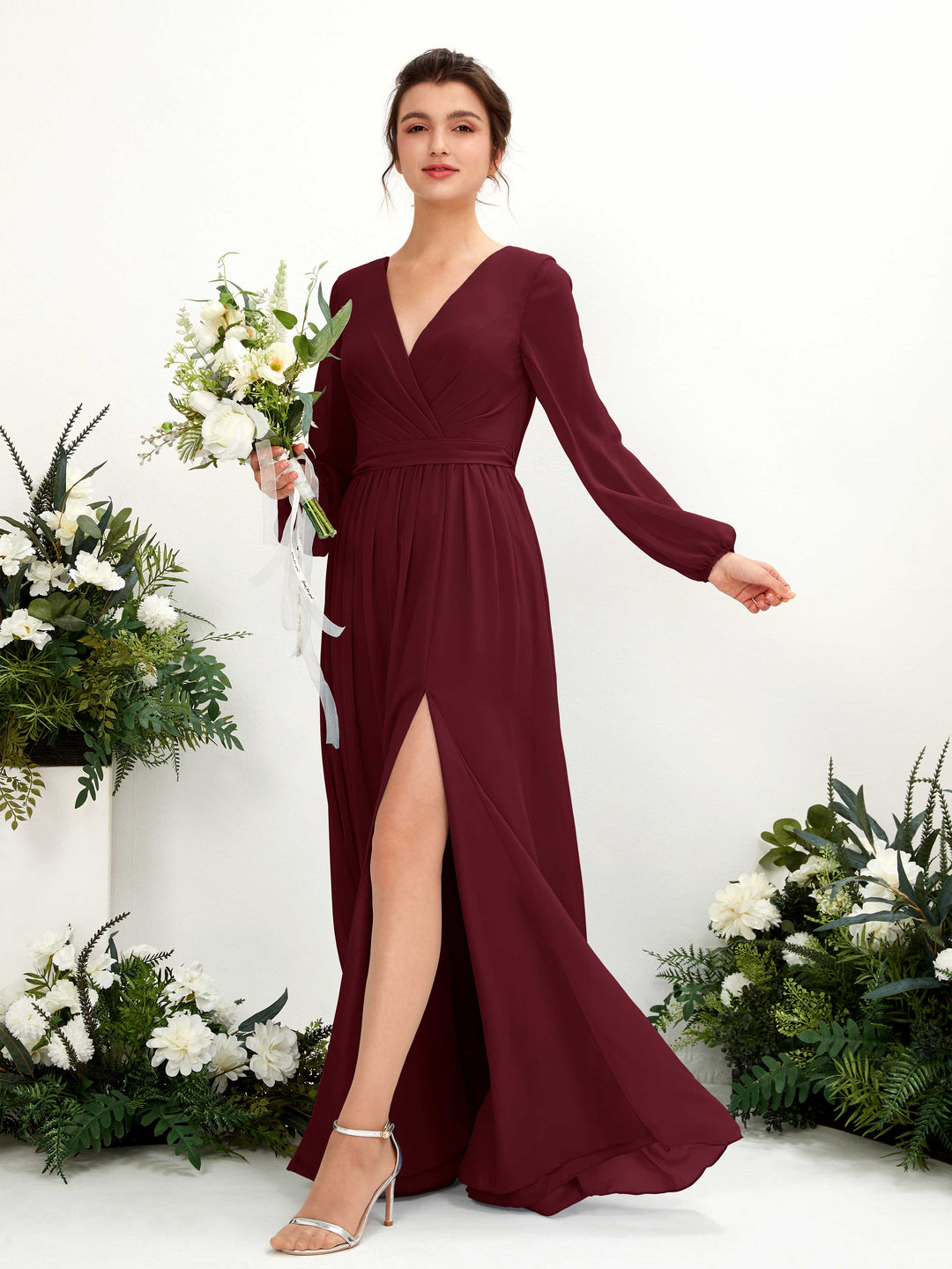 Carlyna A-Linien-Kleid V-Ausschnitt Beinschlitz Langarm Bodenlang Brautjungfernkleider Burgunderrot 