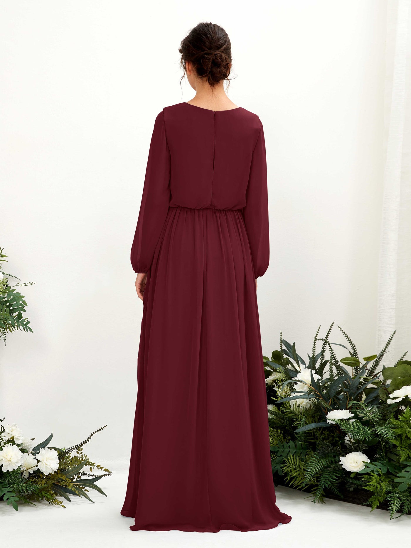Carlyna A-Linien-Kleid V-Ausschnitt Beinschlitz Langarm Bodenlang Brautjungfernkleider Burgunderrot #farbe_burgunderrot