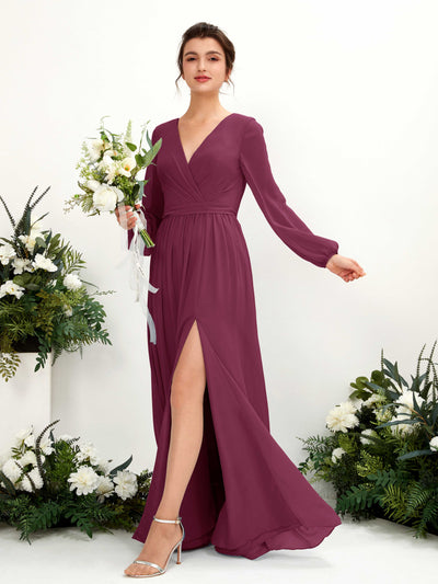 Carlyna A-Linien-Kleid V-Ausschnitt Beinschlitz Langarm Bodenlang Brautjungfernkleider Chianti #farbe_chianti