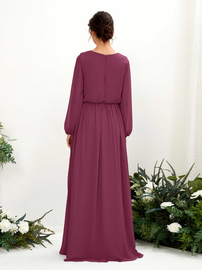 Carlyna A-Linien-Kleid V-Ausschnitt Beinschlitz Langarm Bodenlang Brautjungfernkleider Chianti #farbe_chianti