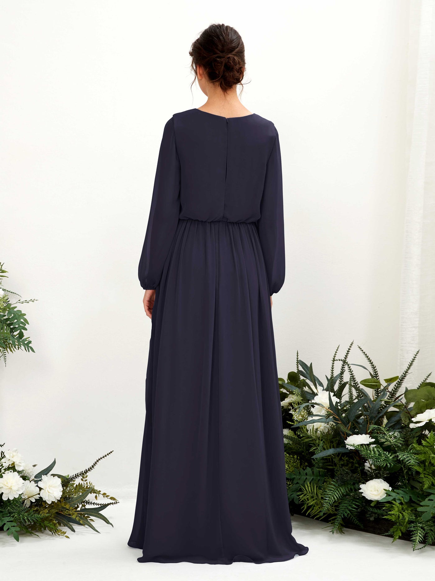 Carlyna A-Linien-Kleid V-Ausschnitt Beinschlitz Langarm Bodenlang Brautjungfernkleider Dunkel Marineblau #farbe_dunkel-marineblau