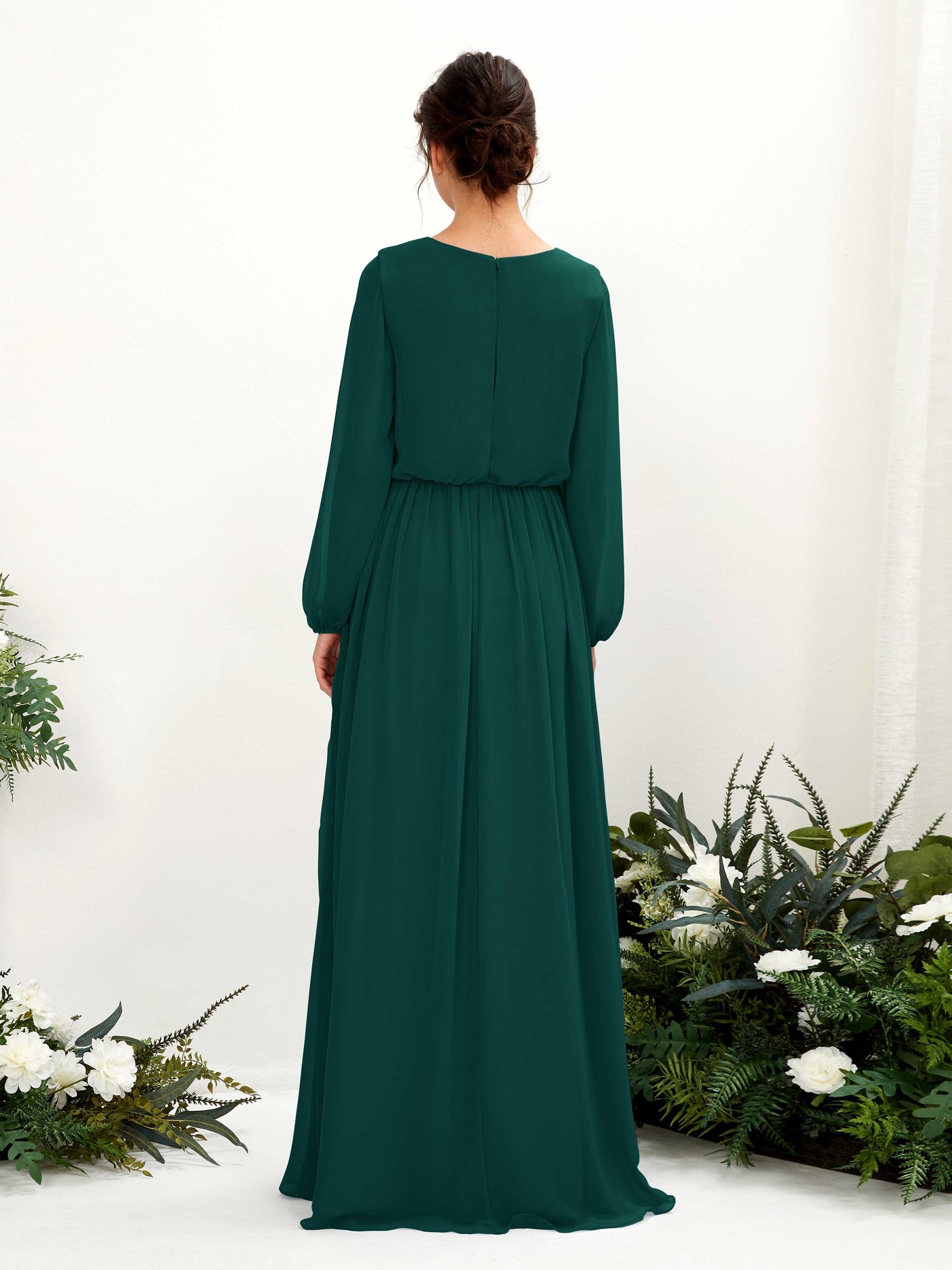 Carlyna A-Linien-Kleid V-Ausschnitt Beinschlitz Langarm Bodenlang Brautjungfernkleider Dunkelsmaragd #farbe_dunkelsmaragd