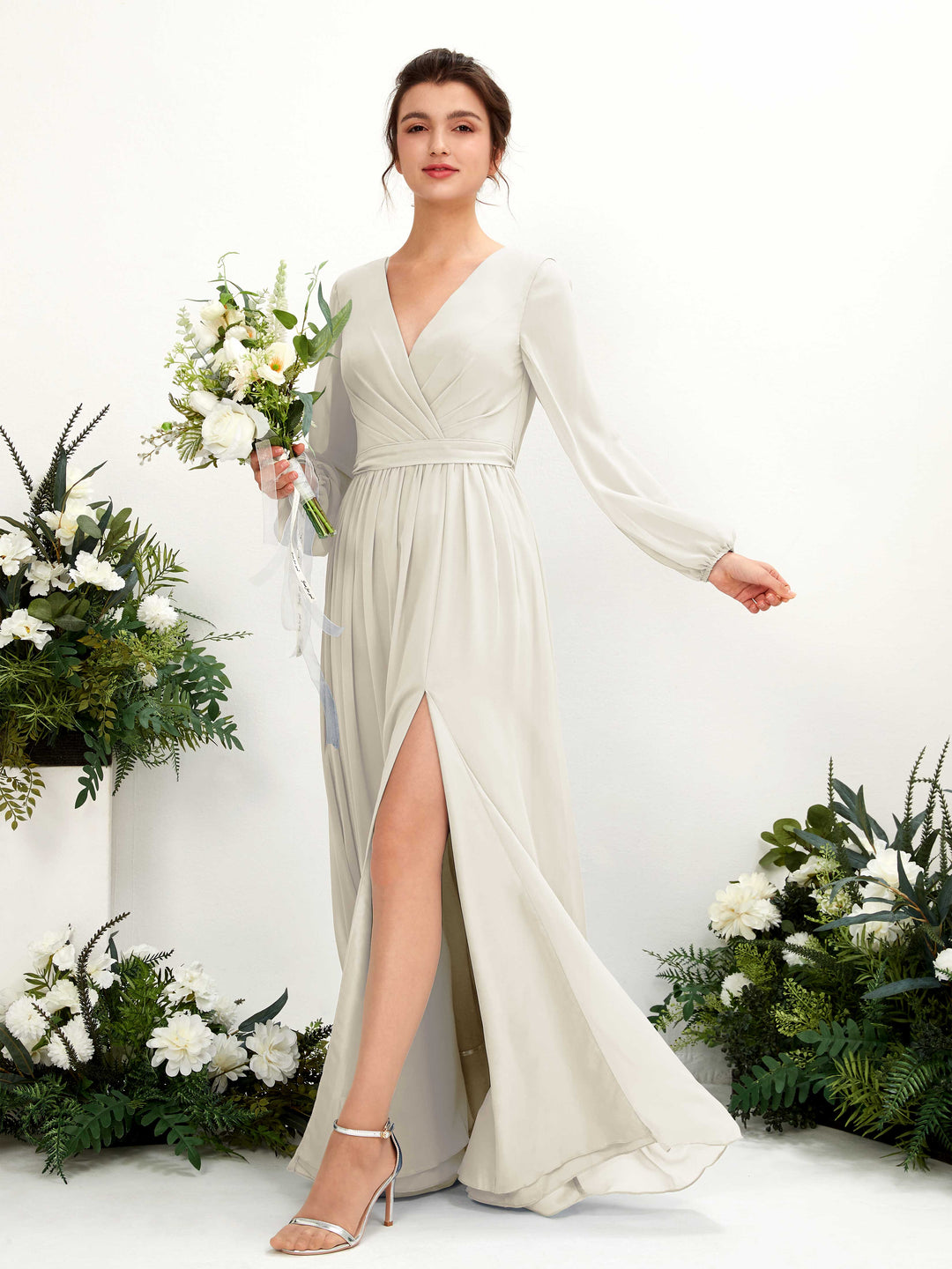Carlyna A-Linien-Kleid V-Ausschnitt Beinschlitz Langarm Bodenlang Brautjungfernkleider Elfenbein 