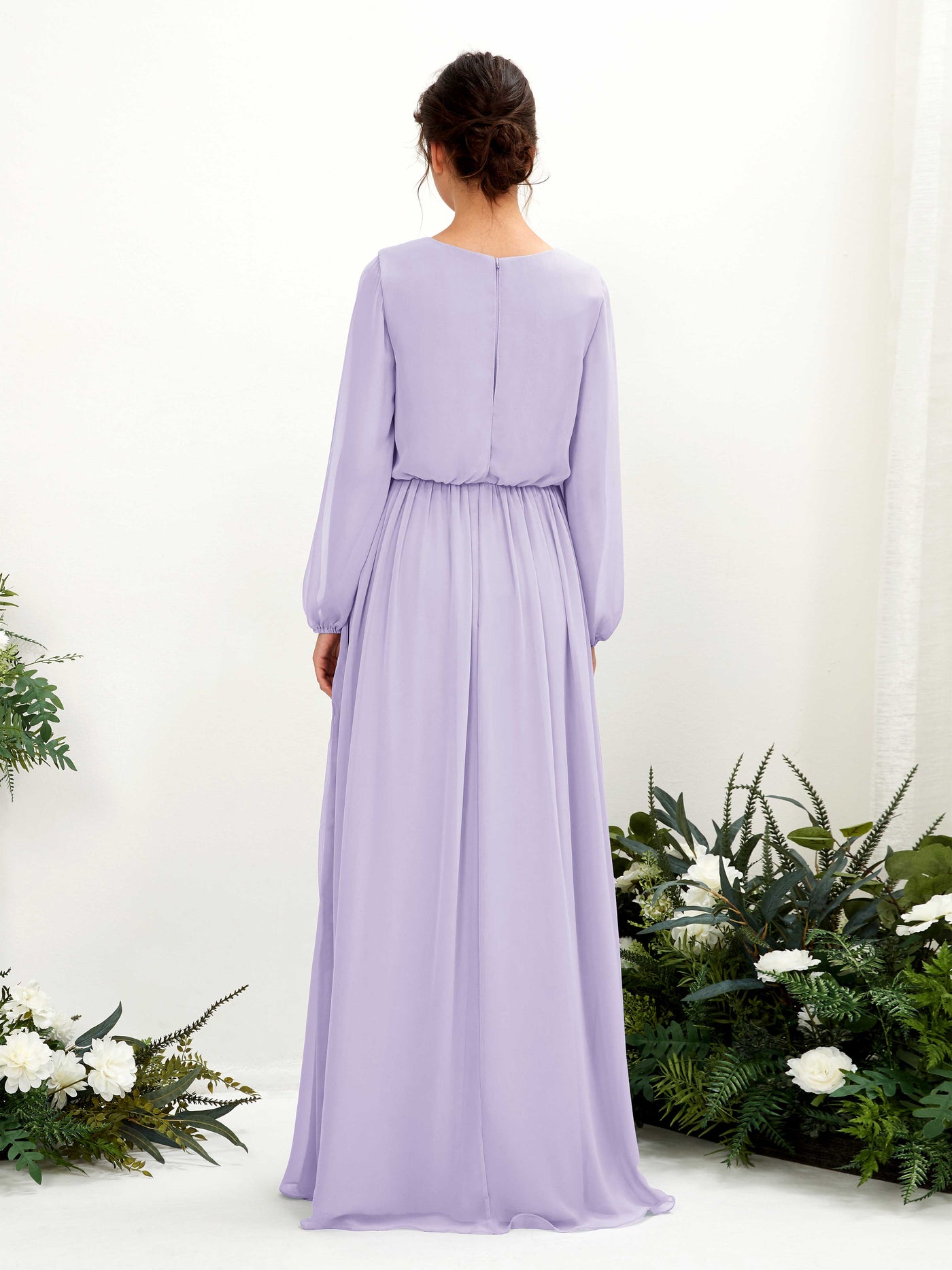 Carlyna A-Linien-Kleid V-Ausschnitt Beinschlitz Langarm Bodenlang Brautjungfernkleider Flieder #farbe_flieder