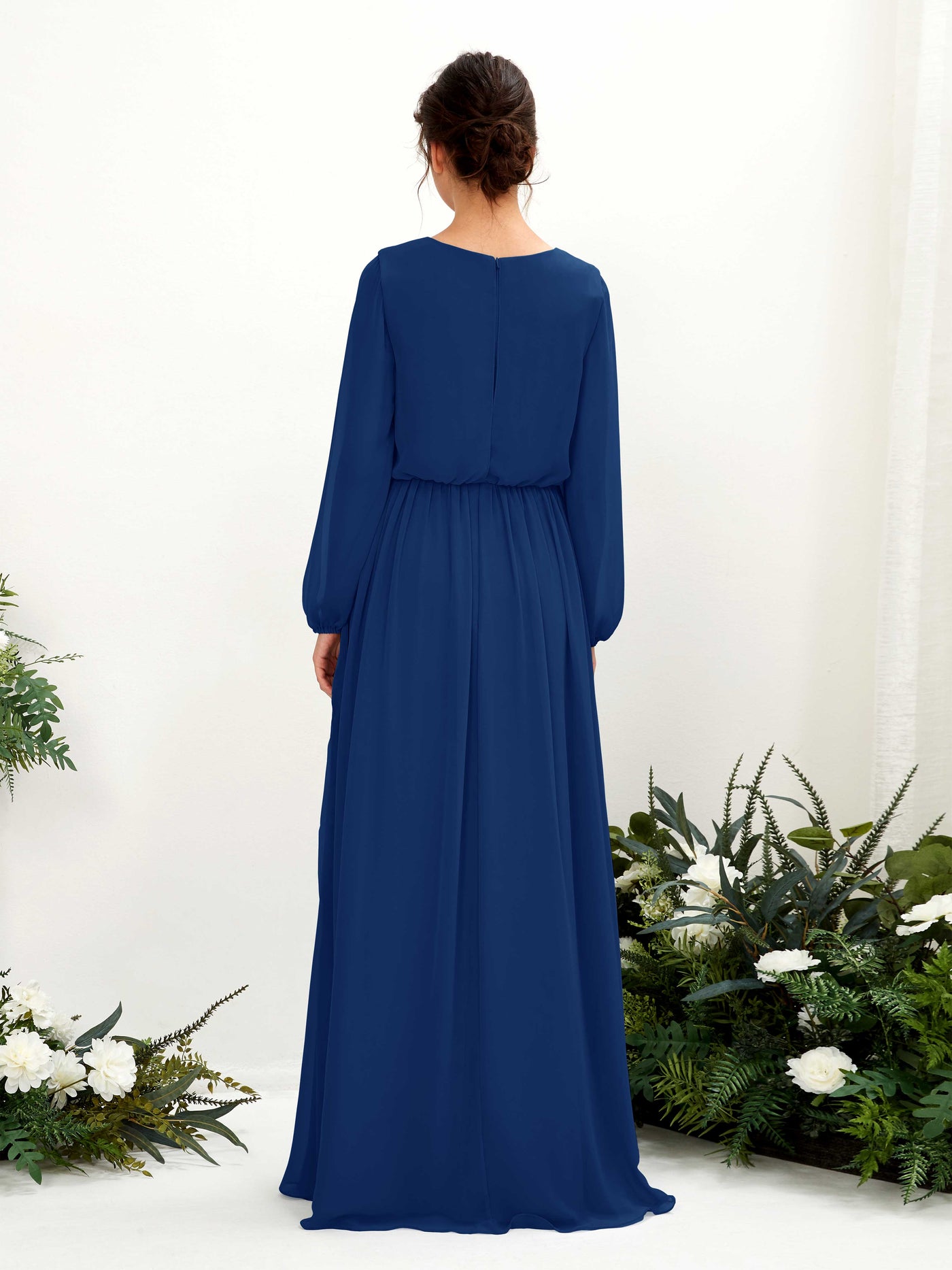 Carlyna A-Linien-Kleid V-Ausschnitt Beinschlitz Langarm Bodenlang Brautjungfernkleider Königsblau #farbe_k-nigsblau