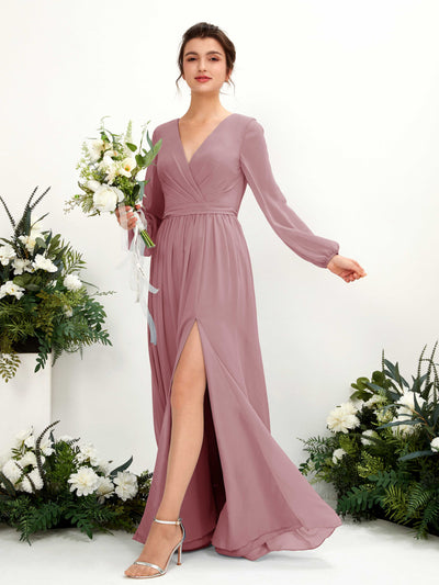 Carlyna A-Linien-Kleid V-Ausschnitt Beinschlitz Langarm Bodenlang Brautjungfernkleider Klassisch Mauve #farbe_klassisch-mauve