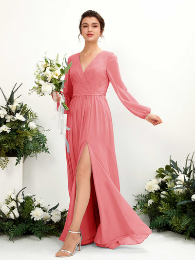 Carlyna A-Linien-Kleid V-Ausschnitt Beinschlitz Langarm Bodenlang Brautjungfernkleider Korallenrosa #farbe_korallenrosa