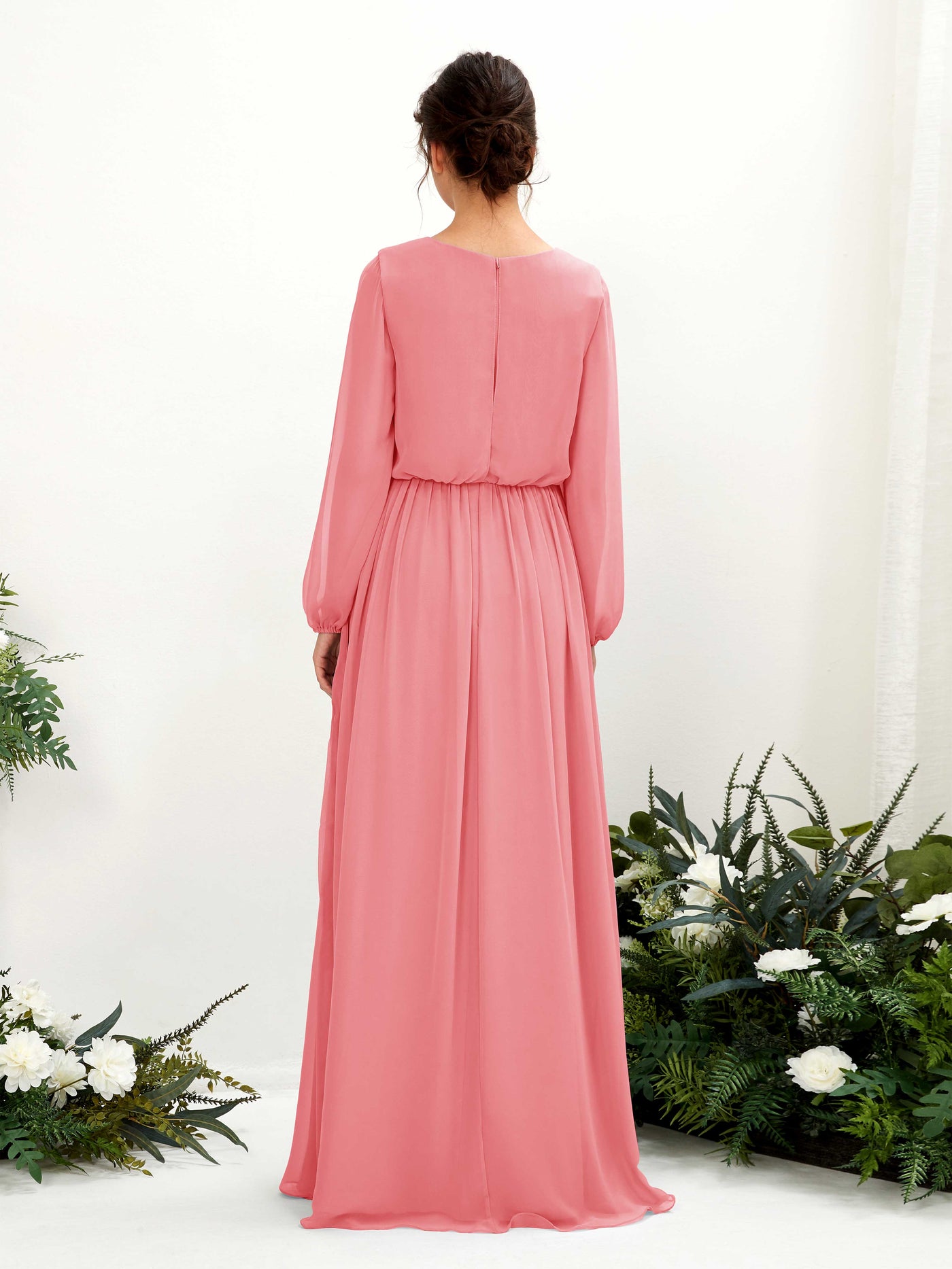 Carlyna A-Linien-Kleid V-Ausschnitt Beinschlitz Langarm Bodenlang Brautjungfernkleider Korallenrosa #farbe_korallenrosa